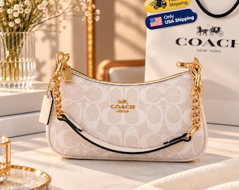 Coach White Teri Shoulder Bag: Christmas Gift New Year Gift for her, Gold Hardware