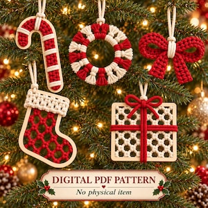 May include: Five macrame Christmas ornaments featuring a candy cane, a wreath, a bow, a stocking, and a gift box, all crafted with red and cream cord on wooden frames. A label at the bottom reads: DIGITAL PDF PATTERN No physical item.