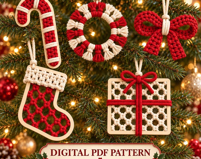 Macrame Christmas Ornament Pattern Bundle PDF, 5 Red and Cream Designs, Candy Cane, Bow, Stocking, Gift and Peppermint Ring