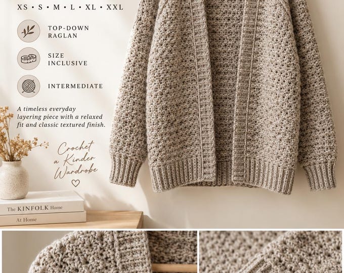 Everyday Ragg Cardigan Crochet Pattern, Womens Raglan Cardigan, Easy Sweater Crochet Pattern, XS-XXL, Instant PDF Download