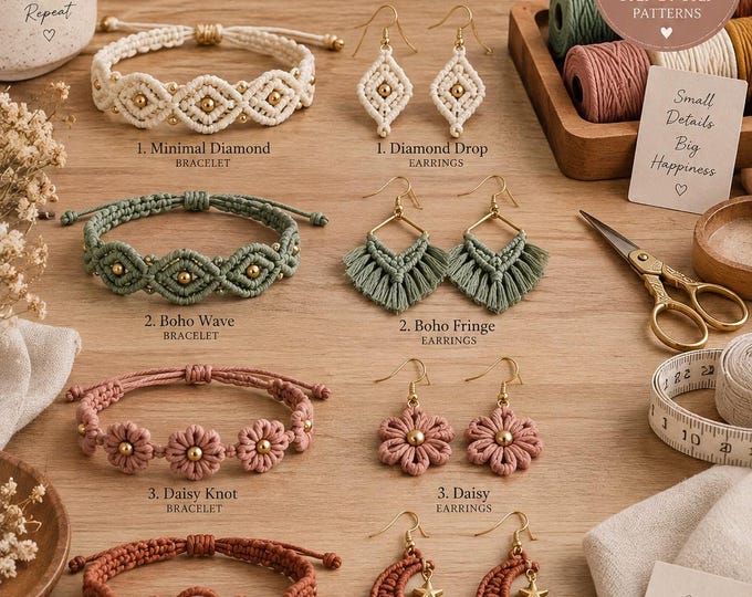 Macrame Jewelry Pattern Bundle, Bracelet & Earrings Tutorial, 8 Boho Macrame Patterns, DIY Jewelry Making, Digital PDF