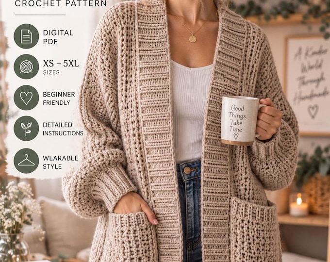 Oversized Crochet Cardigan Pattern PDF, Easy Chunky Cardigan Crochet Pattern, Womens Cozy Sweater, Ribbed Pocket Cardigan Pattern