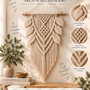 May include: A macrame wall hanging featuring a natural cotton cord design with six botanical leaves, a geometric center pattern, and three layered V-bands suspended from a wooden dowel. The finished size is 42-45 cm wide by 75 cm long.