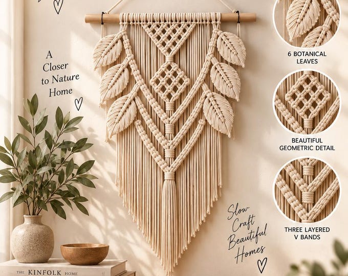 Macrame Wall Hanging Pattern PDF, Boho Botanical Macrame Pattern, Leaf Wall Decor Tutorial, DIY Macrame Wall Art, Digital Download