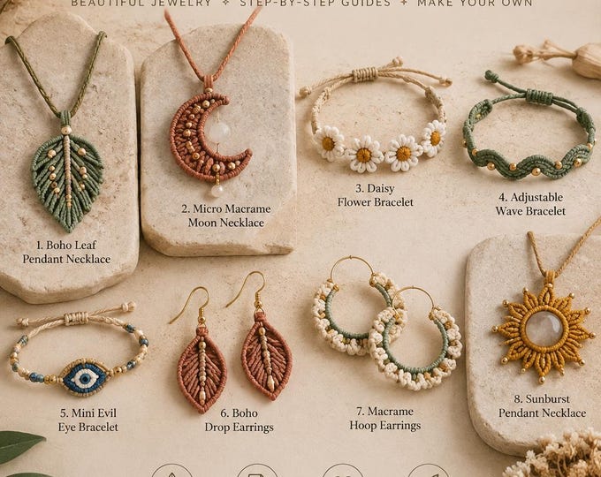 8 in 1 Micro Macrame Jewelry Pattern PDF, Macrame Bracelet Earrings Necklace Patterns, DIY Boho Jewelry Tutorial, Instant Download