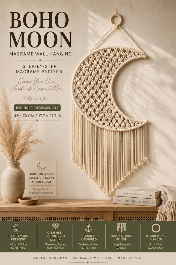 Boho Moon Macrame Pattern PDF, Crescent Moon Wall Hanging Tutorial, DIY Macrame Wall Decor, Step by Step Macrame Pattern, Digital Download