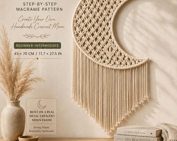 Boho Moon Macrame Pattern PDF, Crescent Moon Wall Hanging Tutorial, DIY Macrame Wall Decor, Step by Step Macrame Pattern, Digital Download