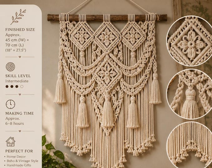 Vintage Macrame Pattern PDF, Victorian Macrame Wall Hanging Pattern, DIY Macrame Tutorial, Boho Wall Decor, Digital Download