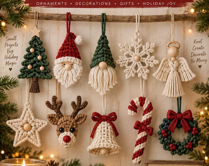 10 in 1 Christmas Macrame Patterns, Macrame Ornament PDF, Christmas Tree Decor, DIY Holiday Decorations, Beginner Macrame Gift