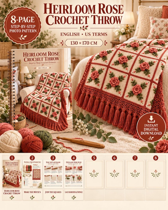 Floral Crochet Blanket Pattern PDF, 3D Rose Throw, Heirloom Bedspread, English Step-by-Step Tutorial, Instant Digital Download