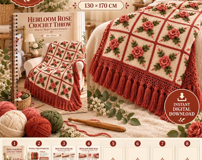 Floral Crochet Blanket Pattern PDF, 3D Rose Throw, Heirloom Bedspread, English Step-by-Step Tutorial, Instant Digital Download