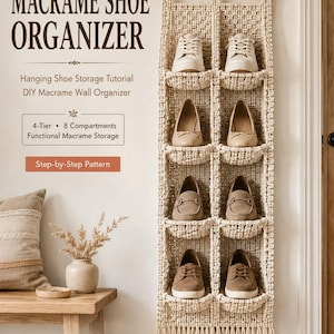 May include: A cream-colored macrame shoe organizer with eight compartments arranged in four tiers, suspended from a wooden rod. The text reads: MACRAME SHOE ORGANIZER, Hanging Shoe Storage Tutorial, DIY Macrame Wall Organizer, 4-Tier, 8 Compartments, Functional Macrame Storage, Step-by-Step Pattern, Macrame Pattern Co, Modern Functional Macrame Collection.