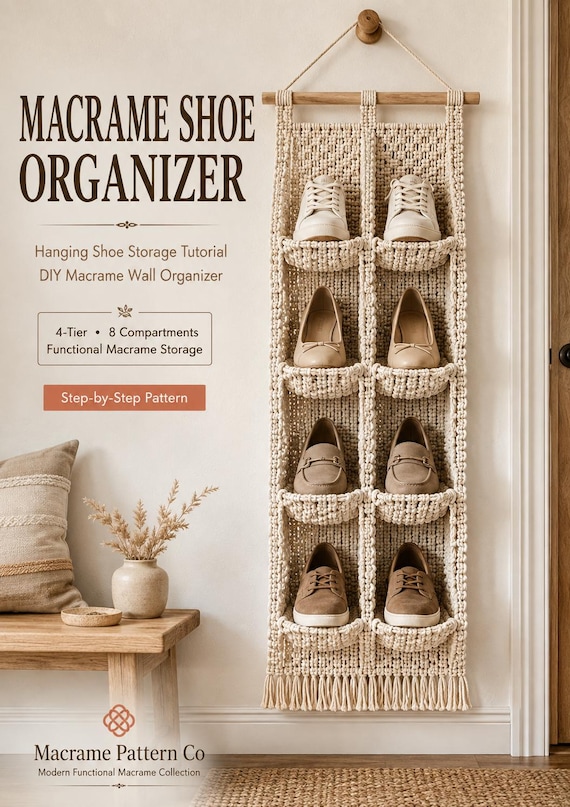 Macrame Shoe Organizer Pattern PDF, Hanging Shoe Storage Tutorial, DIY Macrame Wall Organizer, Boho Shoe Rack Pattern, Macrame Storage PDF