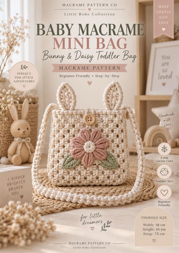 Macrame Bag Pattern, Toddler Purse Pattern, Bunny Bag Macrame Pattern, Daisy Mini Bag, Kids Shoulder Bag PDF, Beginner Macrame