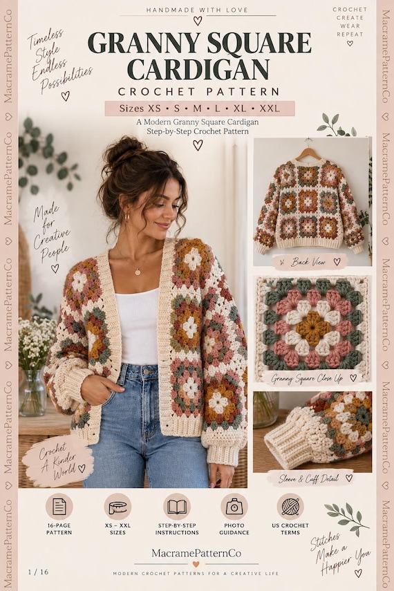 Granny Square Cardigan Crochet Pattern PDF, Womens Crochet Cardigan Pattern, Boho Granny Square Sweater, XS-XXL Crochet Pattern
