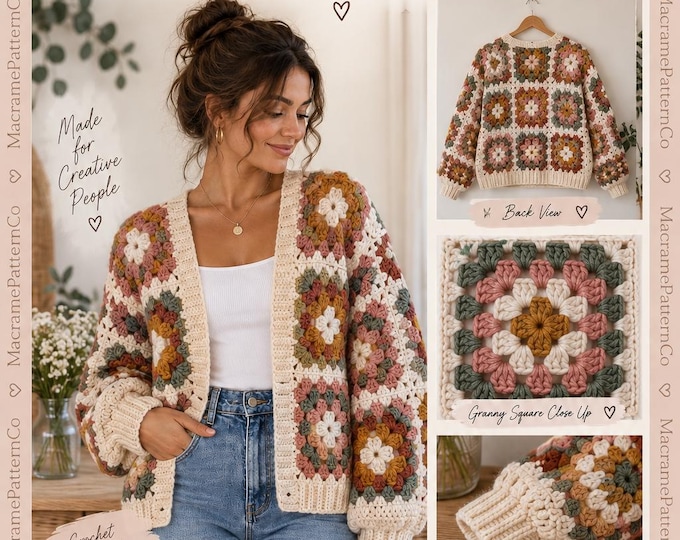 Granny Square Cardigan Crochet Pattern PDF, Womens Crochet Cardigan Pattern, Boho Granny Square Sweater, XS-XXL Crochet Pattern