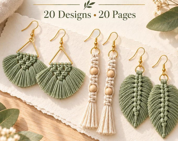 Macrame Earring Pattern Bundle, 20 DIY Jewelry Designs, Step-by-Step English PDF, Beaded, Fringe and Leaf Earrings