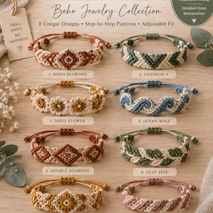 May include: A collection of 8 macrame bracelet patterns titled MacramePatternCo. The image displays 8 distinct knotted bracelet designs labeled 1 through 8, including diamond, chevron, daisy, ocean wave, leaf vine, sunburst, and spiral patterns.