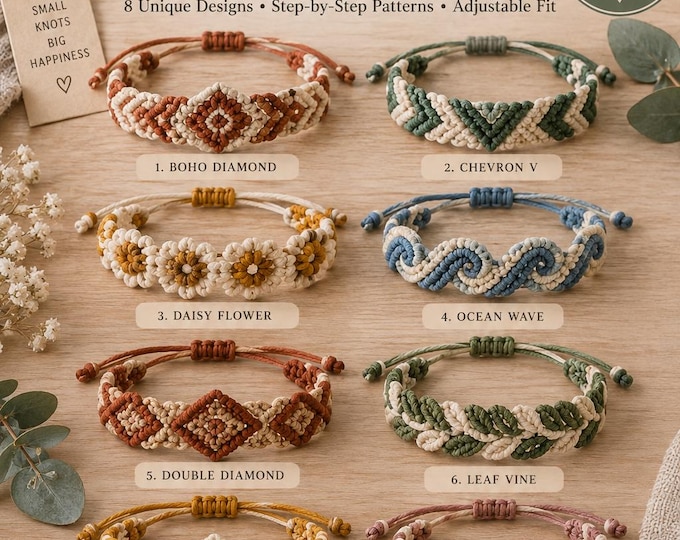 8 Macrame Bracelet Patterns PDF, DIY Macrame Jewelry Tutorial, Boho Bracelet Pattern, Friendship Bracelet, Beginner Macrame Guide
