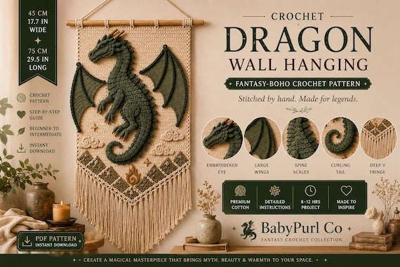 Crochet Dragon Wall Hanging Pattern, Fantasy Dragon Crochet Pattern PDF, Crochet Wall Art, Boho Dragon Decor, Fantasy Crochet Pattern