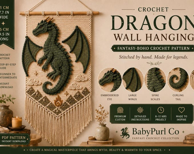 Crochet Dragon Wall Hanging Pattern, Fantasy Dragon Crochet Pattern PDF, Crochet Wall Art, Boho Dragon Decor, Fantasy Crochet Pattern