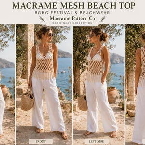 May include: A beige macrame mesh sleeveless top featuring a diamond-patterned weave and a fringed hemline. The garment is shown from the right side, front, left side, and back views, paired with white wide-leg trousers and a woven straw handbag.