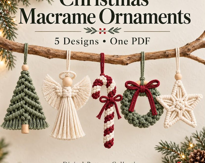 Christmas Macrame Ornament Patterns, 5-in-1 PDF Bundle, Angel, Tree, Star, Wreath & Candy Cane