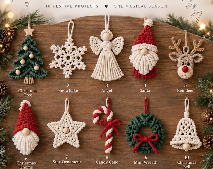 10 in 1 Christmas Macrame Pattern Bundle, DIY Christmas Ornaments PDF, Macrame Tree Angel Gnome Santa Wreath Holiday Decor