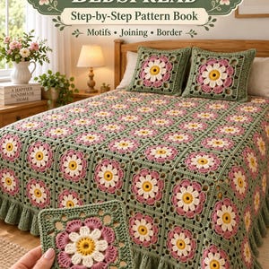 May include: A pattern book titled Floral Crochet Bedspread: Step-by-Step Pattern Book, Motifs, Joining, Border. The cover features a bedspread and matching pillows made of sage green, pink, and yellow floral crochet squares with a ruffled edge.