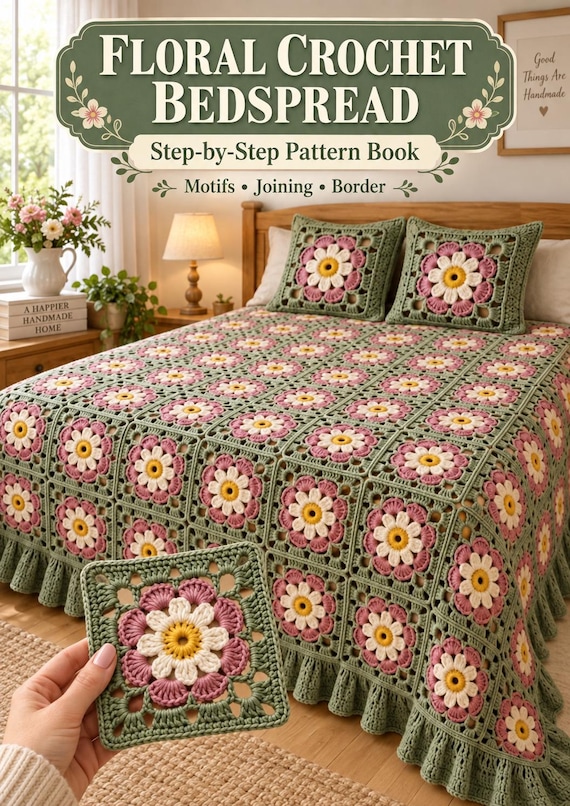 Floral Crochet Bedspread Pattern PDF, Granny Square Blanket, Daisy Afghan Tutorial, Ruffled Border, Digital Download