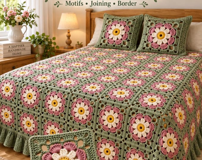 Floral Crochet Bedspread Pattern PDF, Granny Square Blanket, Daisy Afghan Tutorial, Ruffled Border, Digital Download