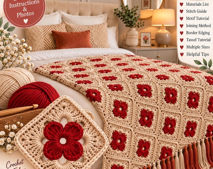 Crochet Flower Blanket Pattern PDF, 3D Flower Granny Square, Crochet Bedspread Pattern, Floral Blanket, Beginner Crochet Pattern