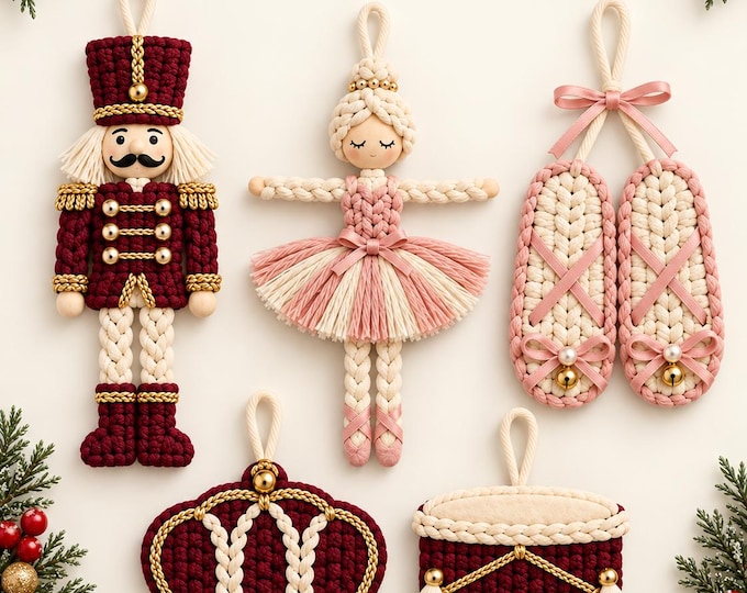 Nutcracker Macrame Christmas Ornament Patterns PDF, 5 in 1 Ballerina, Ballet Shoes, Crown & Drum, DIY Christmas Decorations