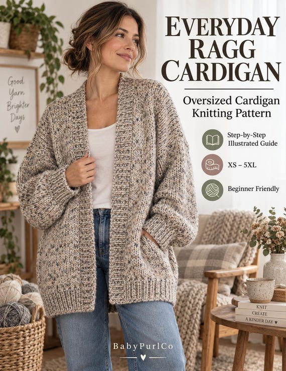 Everyday Ragg Cardigan Knitting Pattern, Oversized Chunky Cardigan PDF, Women’s Cozy Knit Sweater Pattern, Beginner Knitting Pattern