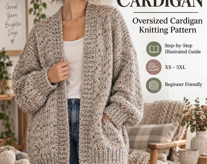 Everyday Ragg Cardigan Knitting Pattern, Oversized Chunky Cardigan PDF, Women’s Cozy Knit Sweater Pattern, Beginner Knitting Pattern
