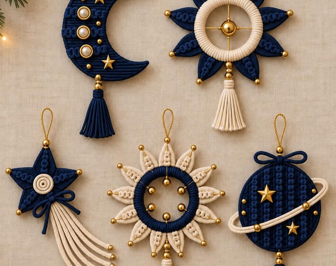 Celestial Macrame Ornament Patterns PDF, 5 in 1 Moon Sun Star & Planet Decorations, DIY Christmas Ornaments, Boho Holiday Decor