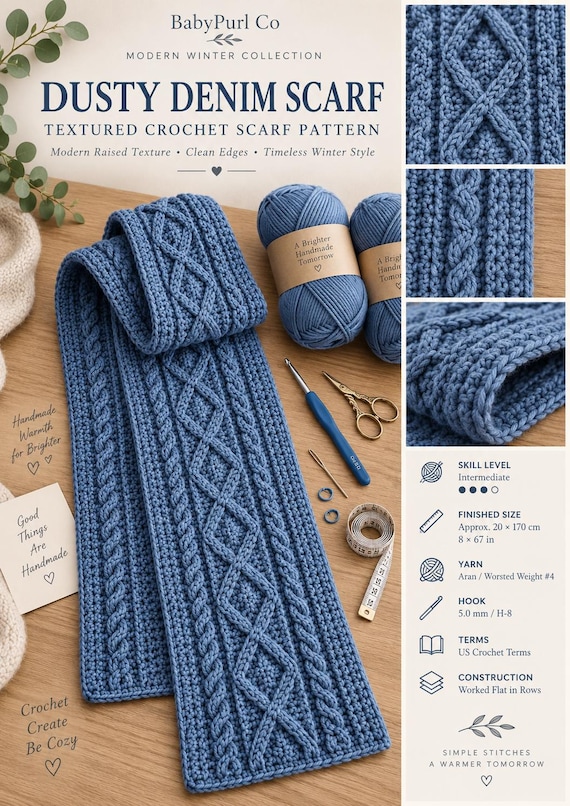 Crochet Scarf Pattern, Textured Cable Scarf PDF, Diamond Braid Crochet Pattern, Winter Scarf Pattern, Worsted Yarn, Instant Download