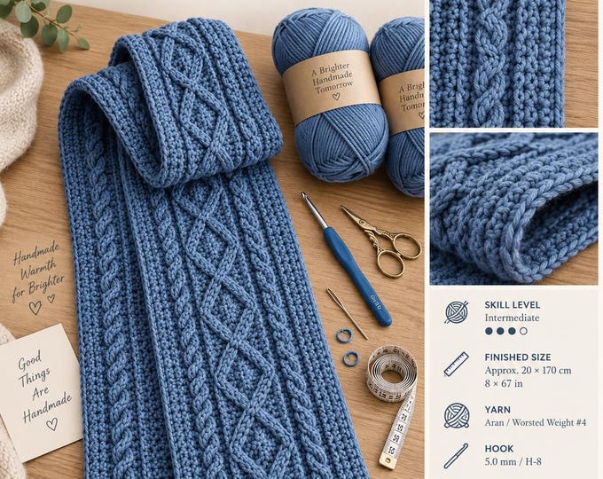 Crochet Scarf Pattern, Textured Cable Scarf PDF, Diamond Braid Crochet Pattern, Winter Scarf Pattern, Worsted Yarn, Instant Download