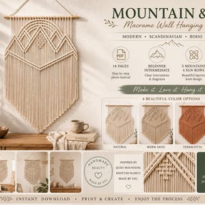 Peut inclure: Un modèle PDF numérique pour une suspension murale en macramé représentant une montagne et un soleil. Le document comprend 14 pages d'instructions, de schémas et de photos pour une taille finie de 45 x 75 cm en quatre coloris : naturel, sable chaud, terre cuite et sauge.