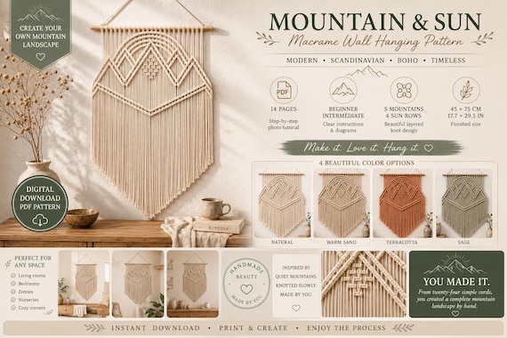 Mountain & Sun Macrame Pattern PDF, Macrame Wall Hanging Tutorial, Mountain Wall Decor DIY, Boho Macrame Pattern, Digital Download