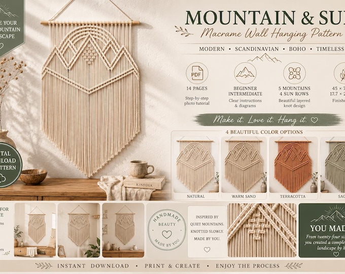 Mountain & Sun Macrame Pattern PDF, Macrame Wall Hanging Tutorial, Mountain Wall Decor DIY, Boho Macrame Pattern, Digital Download