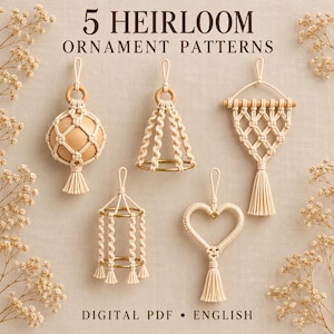 May include: Five macrame ornament patterns with the text 5 HEIRLOOM ORNAMENT PATTERNS and DIGITAL PDF ENGLISH. The ornaments include a sphere, a bell shape, a triangular wall hanging, a cylindrical cage, and a heart, all in cream cord.