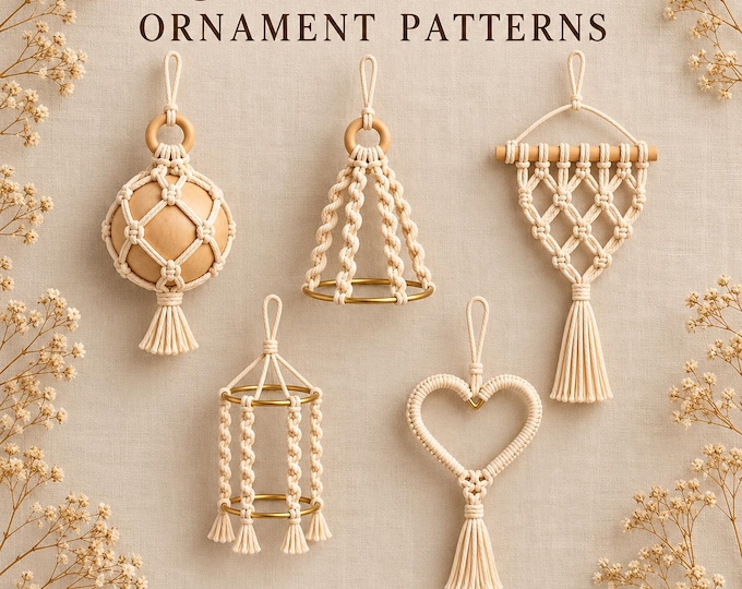 Macrame Christmas Ornament Patterns, 5 Cream Gold Designs (PDF)