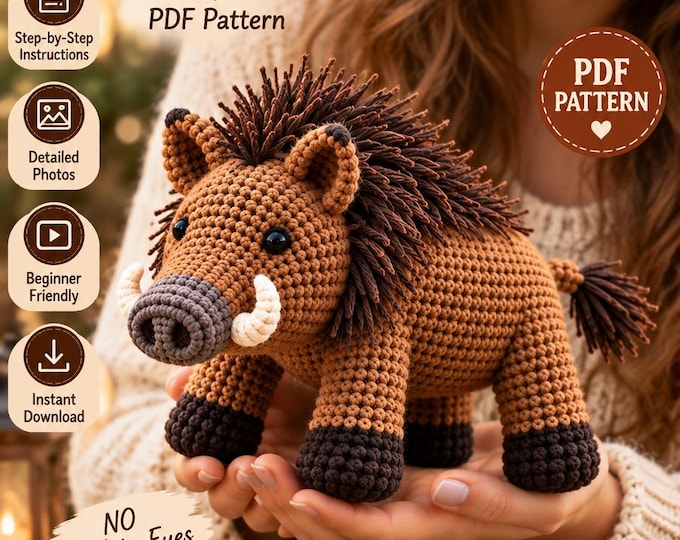 Wild Boar Crochet Pattern PDF, Boar Amigurumi Pattern, Woodland Animal Crochet, Forest Animal Pattern, Crochet Boar Tutorial