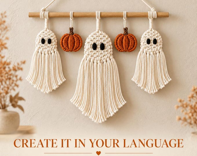 Halloween Macrame Wall Hanging Pattern PDF, Ghost and Pumpkin Decor, Illustrated DIY Guide in English, French, German & Russian