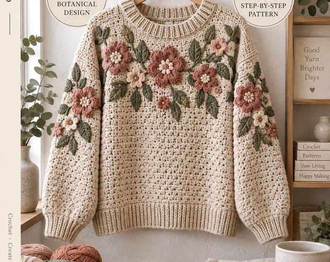 Nordic Bloom Crochet Sweater Pattern, Floral Crochet Pullover PDF, Women's Oversized Sweater Pattern, Botanical Jumper XS-XXL