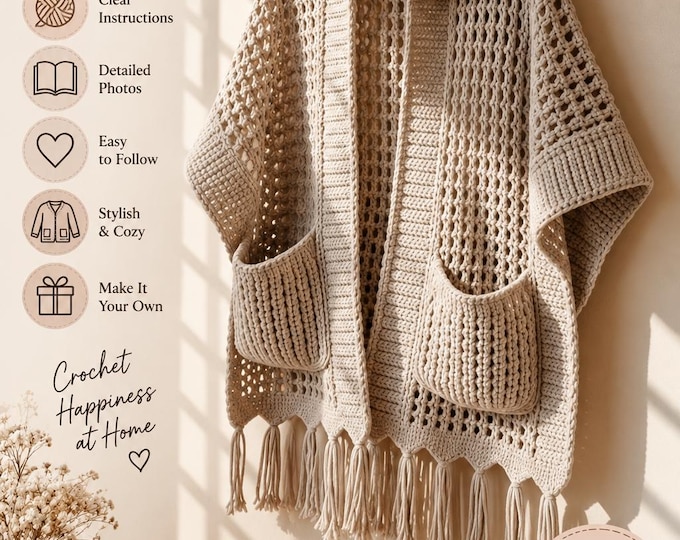 Crochet Pocket Cardigan Pattern, Boho Cardigan Crochet Pattern, Oversized Women Cardigan, Fringe Crochet Jacket, PDF Pattern