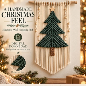 Patrón de macramé para árbol de Navidad en PDF, tutorial para colgar en la pared, guía visual de 12 páginas en inglés, francés, alemán y ruso.