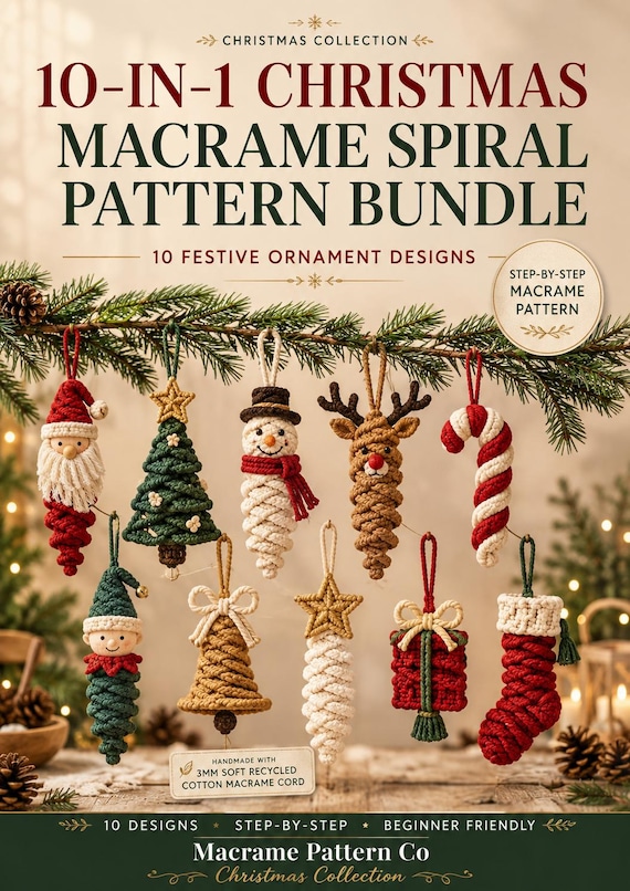10 in 1 Christmas Macrame Pattern Bundle, Christmas Ornament Patterns, Macrame Spiral Decorations, DIY Holiday Decor PDF, Xmas Macrame