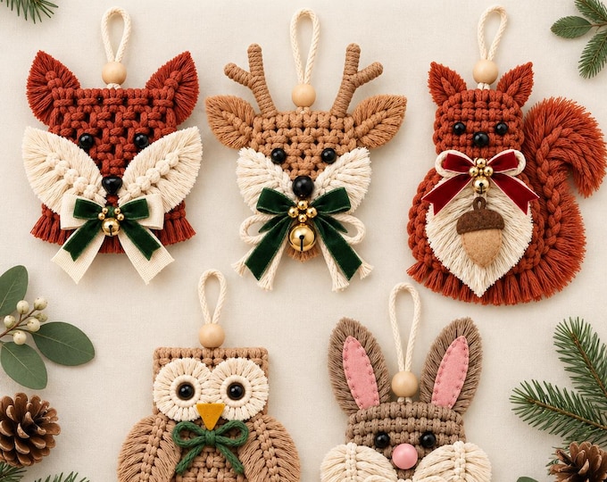 Woodland Christmas Macrame Ornament Patterns PDF, 5 in 1 Forest Animal Decorations, Fox, Reindeer, Owl, Squirrel & Bunny DIY